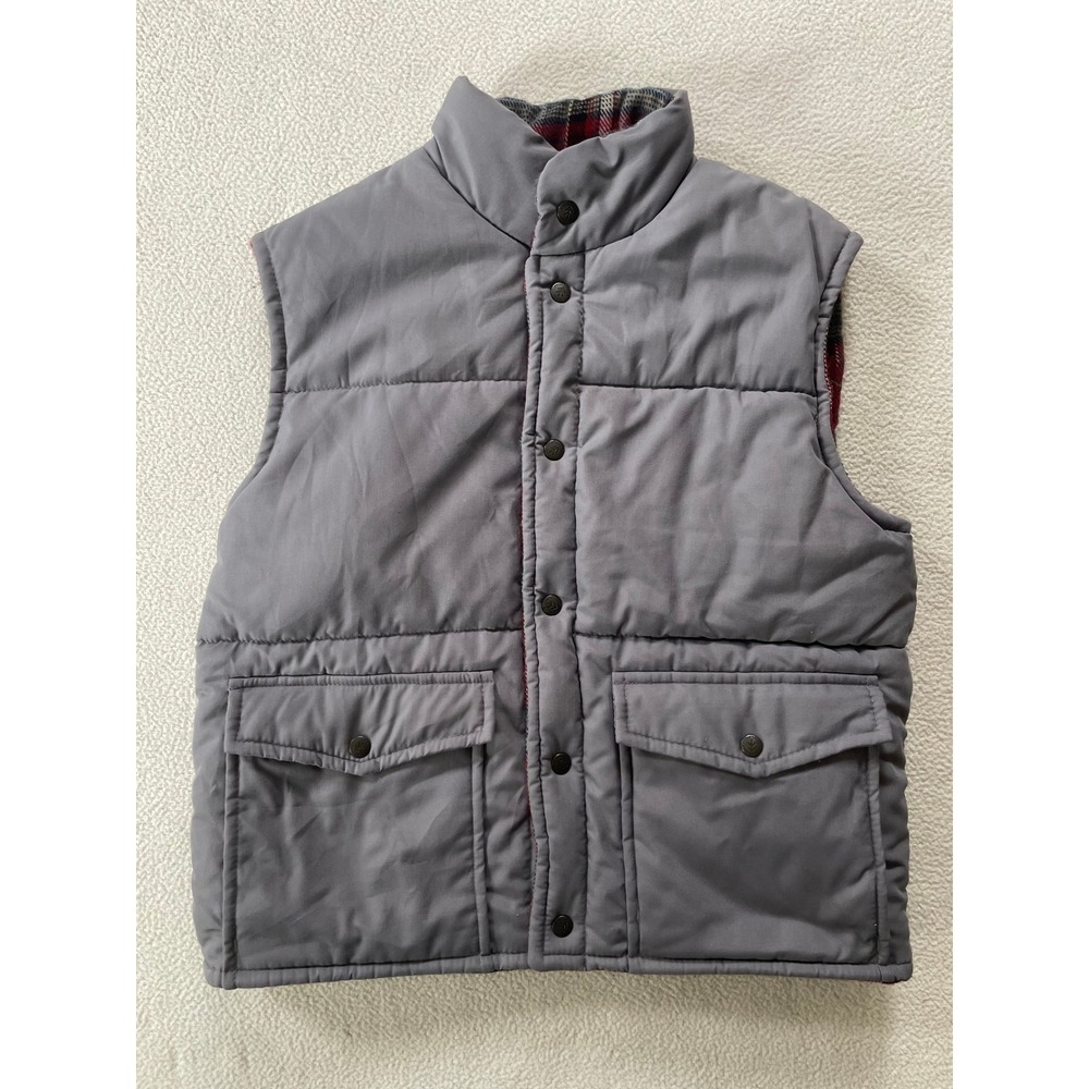Vintage 80s Appalachian Trail Mens Medium Puffer Vest Grey Reversible Red Plaid